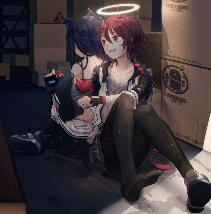 2girls animal_ears arknights black_bra black_gloves black_hair black_legwear box bra cardboard_box commentary exusiai_(arknights) fingerless_gloves gloves halo highres jacket long_hair long_sleeves multiple_girls open_clothes open_jacket open_mouth pantyhose penguin_logistics_logo red_bra red_eyes red_hair see-through shirt shoe_removed shoes short_hair single_shoe sitting smile texas_(arknights) two-tone_jacket underwear wet wet_clothes wet_hair wet_jacket wet_shirt white_jacket white_white wolf_ears