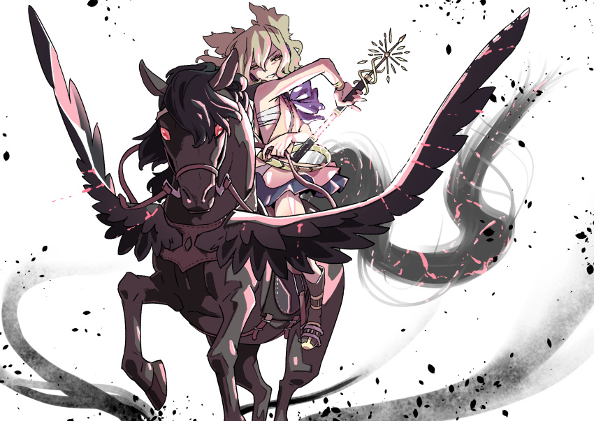 1girl bandages bangs bare_arms bare_shoulders black_footwear boots brown_eyes brown_hair commentary_request grin hair_between_eyes highres holding holding_sword holding_weapon kawayabug kurokoma_saki kurokoma_saki_(pegasus) looking_at_viewer miniskirt pegasus pointy_hair purple_skirt riding sarashi sheath short_hair simple_background skirt sleeveless smile sword touhou toyosatomimi_no_miko unsheathing weapon white_background