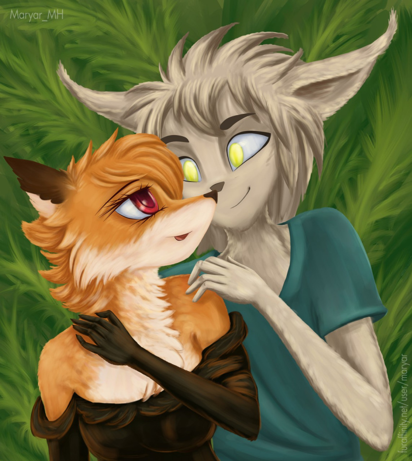 anthro basitin big_ears canid canine carver_(twokinds) couple_(disambiguation) crossgender duo fate female fox hi_res keidran keith_keiser love male mammal maryar_(artist) nose_to_nose twokinds webcomic