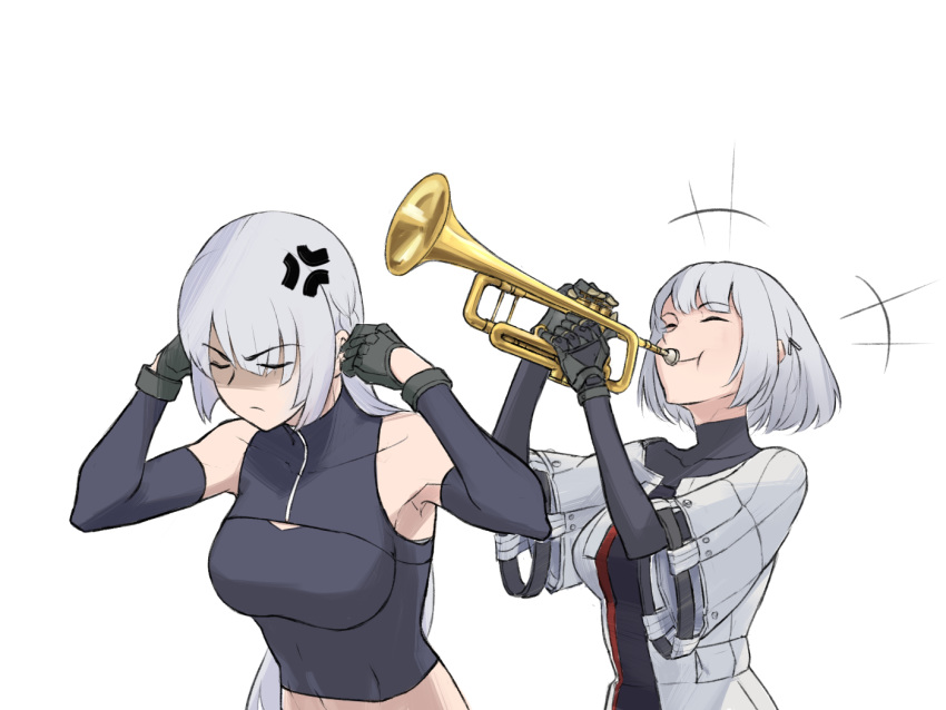 2girls ak-15_(girls_frontline) annoyed armpits black_gloves bodysuit closed_eyes girls_frontline gloves hair_ornament hand_on_ear instrument long_hair multiple_girls rpk-16_(girls_frontline) short_hair silayloe silver_hair smile trumpet white_background