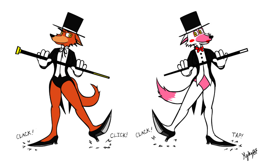16:10 black_tie_(suit) cane canid canine clothing commission_art crossgender duo female female/female five_nights_at_freddy's five_nights_at_freddy's_2 footwear fox foxy_(fnaf) hat headgear headwear hi_res high_heels hykez87 mammal mangle_(fnaf) mtf_crossgender shoes showgirl suit tap_dancing tap_shoes top_hat video_games widescreen