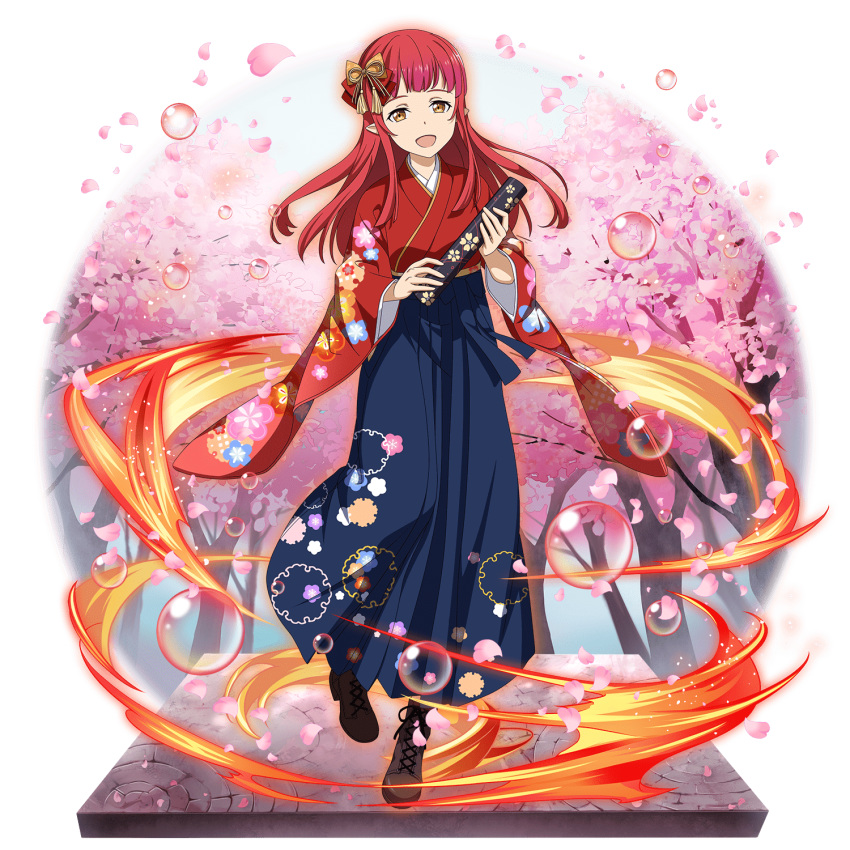 1girl :d blue_hakama boots bow brown_footwear cherry_blossoms faux_figurine floating_hair floral_print full_body hair_bow hair_ornament hakama highres japanese_clothes kimono long_hair long_sleeves looking_at_viewer official_art open_mouth pointy_ears print_hakama print_kimono rain_(sao) red_bow red_hair red_kimono shiny shiny_hair smile solo standing sword_art_online transparent_background wide_sleeves yellow_bow yellow_eyes