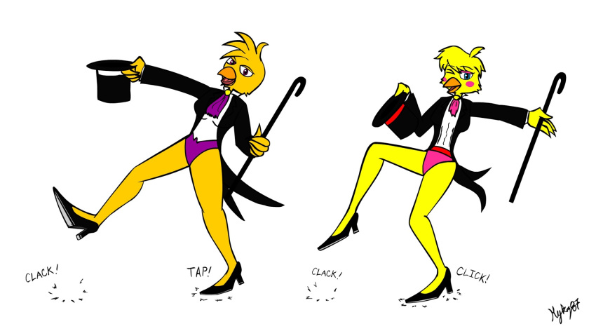 anthro avian bare_legs bird black_tie_(suit) cane chica_(fnaf) chicken clothing commission_art dance_shoes dancewear dancing duo female female/female five_nights_at_freddy's five_nights_at_freddy's_2 footwear galliform gallus_(genus) hat headgear headwear hi_res high_heels hykez87 phasianid shoes showgirl suit tap_dancing tap_shoes top_hat toy_chica_(fnaf) video_games