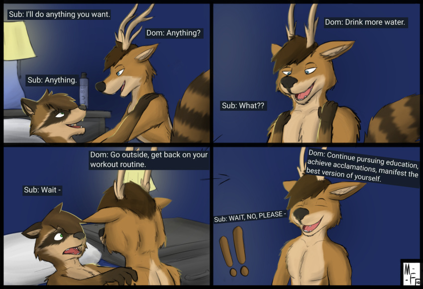 ! 2020 absurd_res anthro antlers bedroom brown_body brown_fur caring cervid concern digital_media_(artwork) duo english_text fur hair hi_res horn humor male male/male mammal mono-fur pillow procyonid raccoon rosco_(mono-fur) simple_background smile tan_body tan_fur text