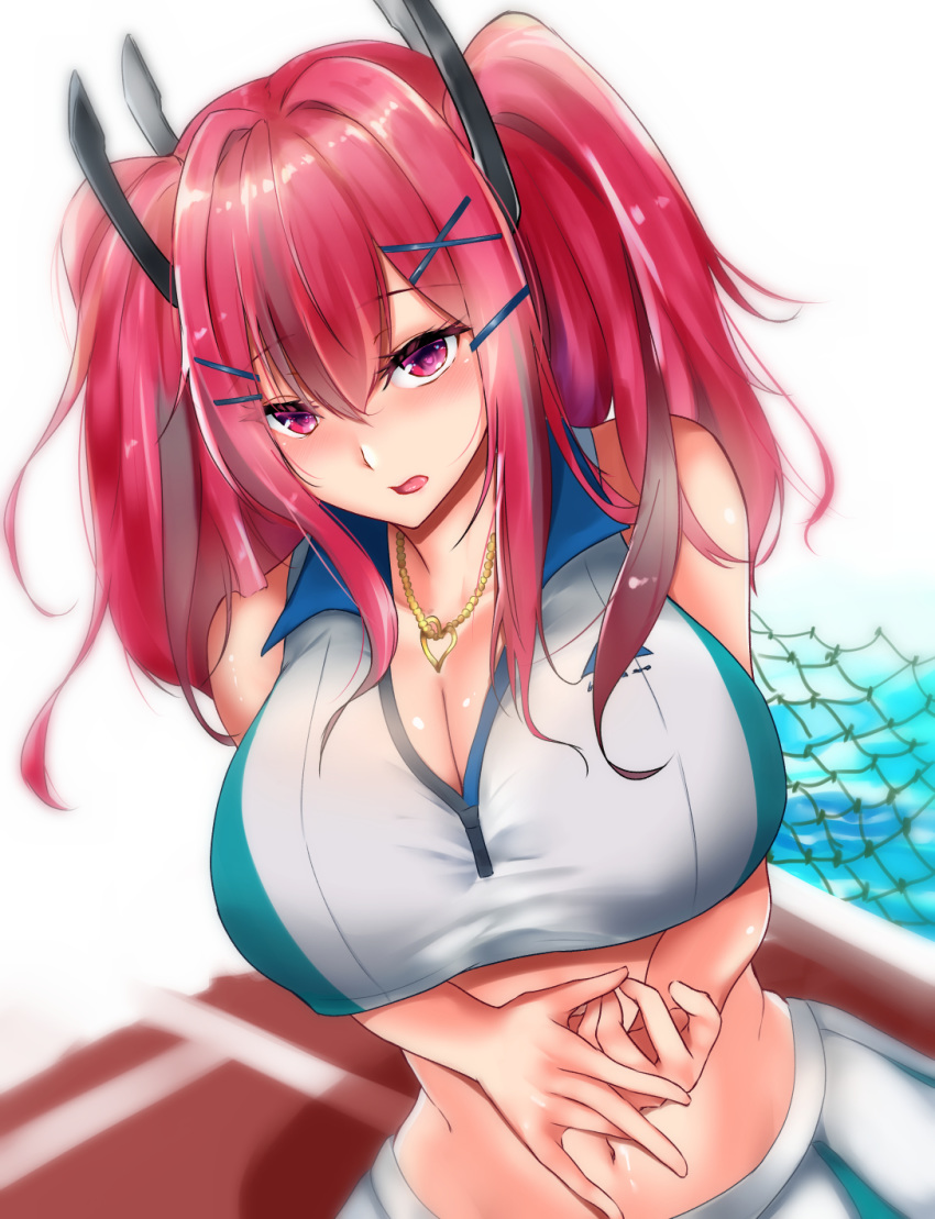 1girl azur_lane bangs blush breasts bremerton_(azur_lane) bremerton_(scorching-hot_training)_(azur_lane) chain-link_fence crop_top crop_top_overhang fence graphite_(medium) grey_hair hair_between_eyes hair_ornament hairclip heart heart_necklace highres huge_breasts kuzya large_breasts long_hair looking_at_viewer mechanical_pencil multicolored_hair navel pencil pink_eyes pink_hair shirt skirt sleeveless sleeveless_shirt sportswear streaked_hair sweat tennis_court tennis_uniform tongue traditional_media twintails two-tone_shirt two-tone_skirt x_hair_ornament