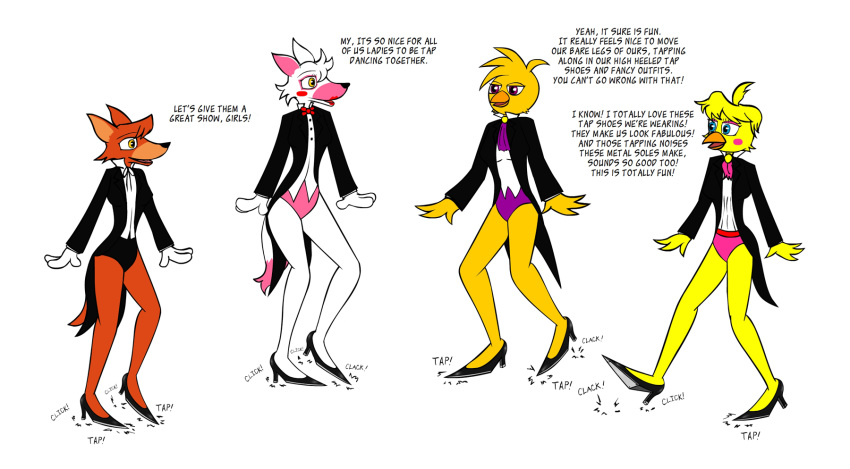 anthro avian bare_legs bird black_tie_(suit) canid canine chica_(fnaf) chicken clothing commission_art crossgender dance_shoes dancewear dancing dialogue english_text female female/female five_nights_at_freddy's five_nights_at_freddy's_2 footwear fox foxy_(fnaf) galliform gallus_(genus) group hi_res high_heels hykez87 mammal mangle_(fnaf) mtf_crossgender phasianid shoes suit tap_dancing tap_shoes text toy_chica_(fnaf) video_games