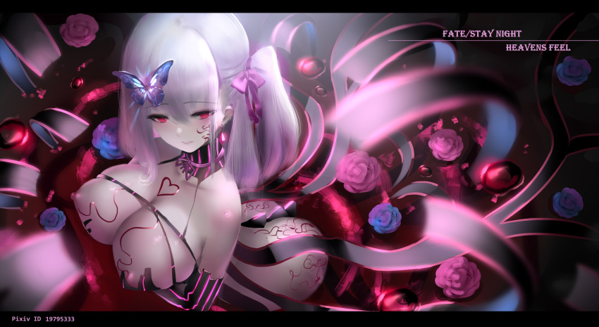 1girl bangs blurry_foreground body_markings bow breasts butterfly_hair_ornament dark_sakura elbow_gloves fate/stay_night fate_(series) from_above gloves hair_bow hair_ornament heaven's_feel highres hk_(hk) large_breasts matou_sakura nipples red_eyes revealing_clothes side_ponytail solo white_hair