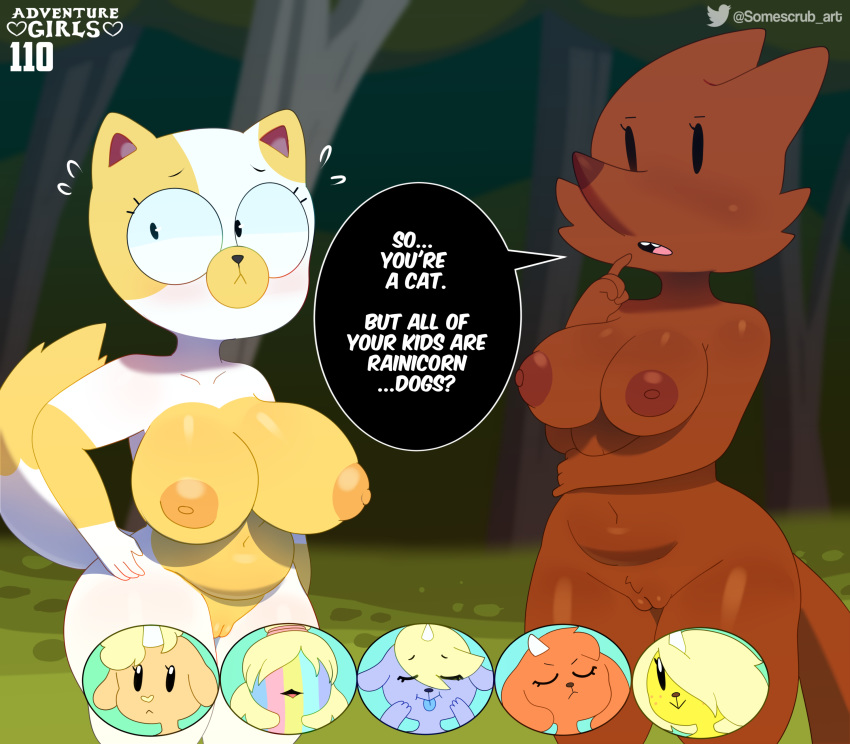 2020 4_fingers :&lt; :o absurd_res adventure_time areola belly big_eyes biped black_eyes black_nose blonde_hair breasts bronwyn brown_areola brown_body brown_nipples brown_nose brown_skin cake_the_cat canid canine canis cartoon_network cheek_tuft dialogue digital_media_(artwork) dipstick_tail domestic_cat domestic_dog english_text equid eyeless facial_tuft felid feline felis female fingers fox front_view fur genitals gloves_(marking) hair hand_on_hip hi_res horn humanoid_hands hybrid jake_jr. kim_kil_whan light_fur long_tail mammal markings mr._fox_(adventure_time) multicolored_body multicolored_fur multicolored_tail navel nipples no_sclera nude open_mouth orange_areola orange_body orange_fur orange_skin pale_fur pouting purple_body purple_fur pussy rainbow_body rainbow_fur rainicorn signature slightly_chubby somescrub speech_bubble standing t.v._(adventure_time) tan_body tan_fur text tongue tongue_out tuft twitter two_tone_body two_tone_fur unicorn vertical_bar_eyes viola_(adventure_time) white_body white_fur wide_eyed wide_hips yellow_body yellow_fur