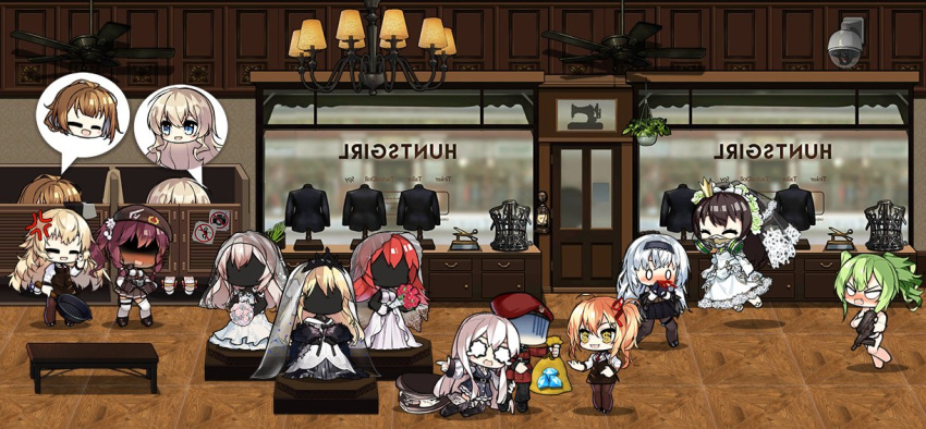 1boy 6+girls anger_vein angry apron bag bangs beret black_hairband blonde_hair blood blush breasts bridal_veil brown_hair cabinet ceiling_fan ceiling_light character_request chibi closed_eyes commander_(girls_frontline) covering covering_breasts crying crying_with_eyes_open dark_skin dollar_sign dress dressing_room english_commentary flower flying formal frying_pan gas_mask gem girls_frontline gloom_(expression) green_hair grizzly_mkv_(girls_frontline) gun hair_between_eyes hair_ribbon hairband hat indoors jacket kalina_(girls_frontline) kar98k_(girls_frontline) lamp large_breasts long_hair long_sleeves m950a_(girls_frontline) mannequin messy_hair multiple_girls necktie nosebleed o_o open_mouth pantyhose pointing ponytail purple_hair red_hair red_ribbon ribbon s.a.t.8_(girls_frontline) saiga-12_(girls_frontline) scarecrow_(girls_frontline) scissors shaded_face shop shopping short_hair side_ponytail skirt smile speech_bubble suit tears the_mad_mimic thighhighs thunder_(girls_frontline) veil very_long_hair weapon wedding_dress white_hair window