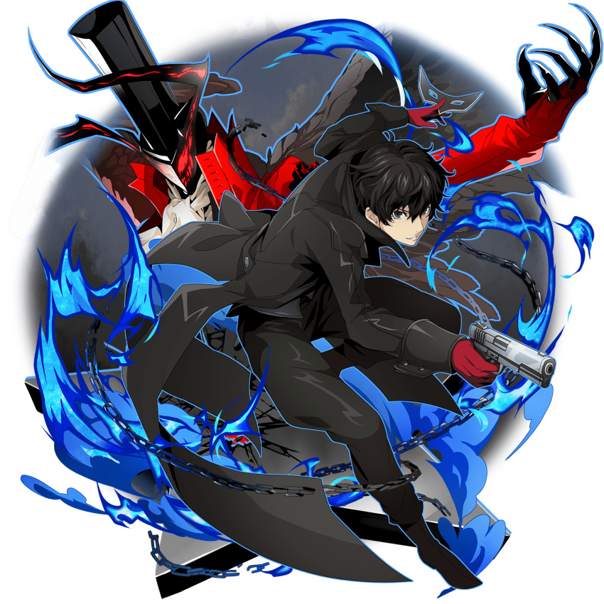 1boy amamiya_ren arsene_(persona_5) black_coat black_eyes black_footwear black_hair black_pants chain coat gloves grin gun highres holding holding_gun holding_weapon long_sleeves looking_at_viewer male_focus official_art pants parted_lips persona persona_5 red_gloves shiny shiny_hair smile solo sword_art_online weapon