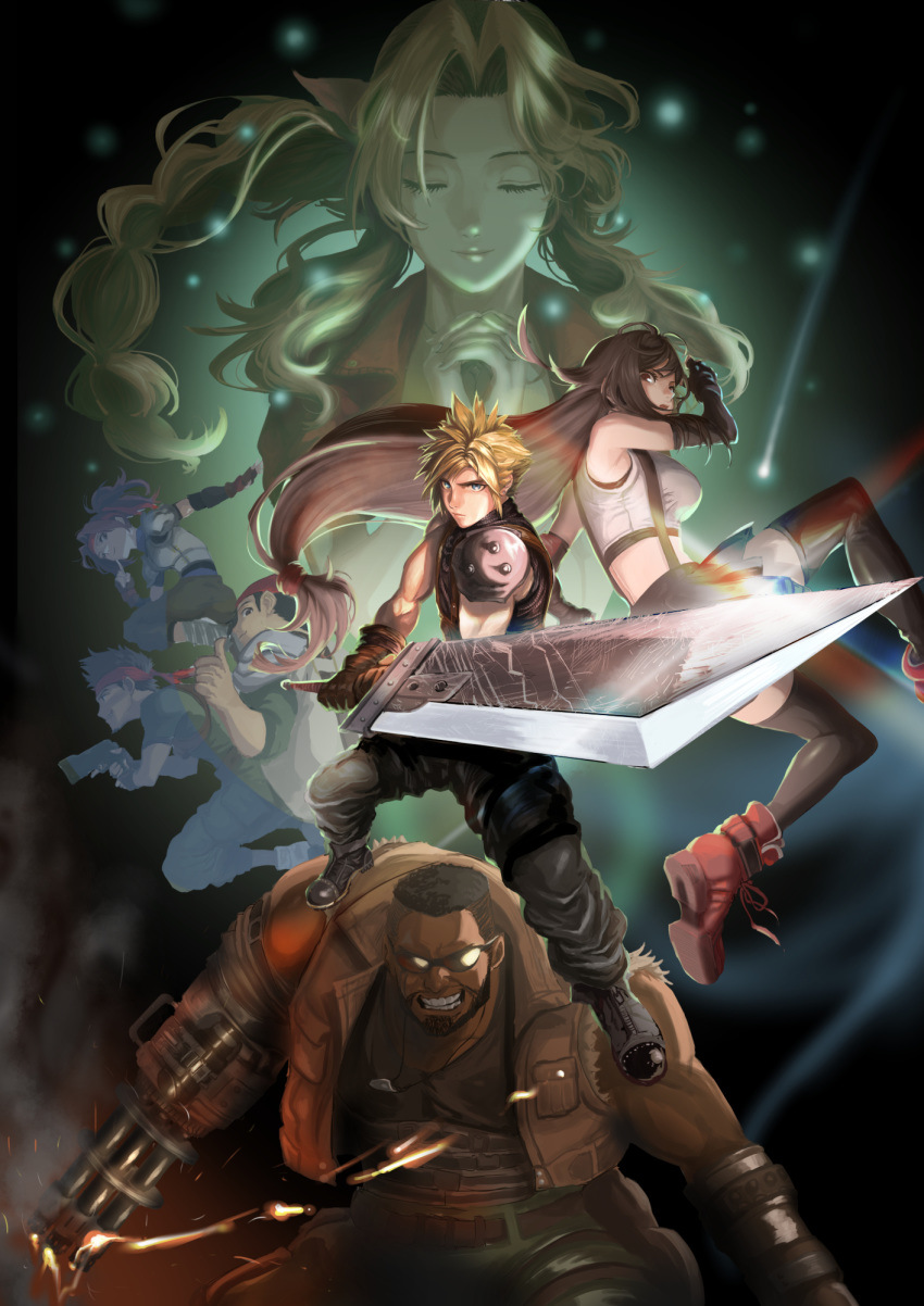 3girls 4boys aerith_gainsborough arm_cannon armor barret_wallace biggs_(ff7) buster_sword closed_eyes cloud_strife dark_background dark_skin dark_skinned_male final_fantasy final_fantasy_vii final_fantasy_vii_remake gatling_gun gloves hands_together highres jessie_(ff7) jewelry long_hair looking_at_viewer low-tied_long_hair multiple_boys multiple_girls necklace shoulder_armor skirt smile spiked_hair sunglasses suspender_skirt suspenders sword thighhighs tifa_lockhart weapon wedge_(ff7) yufei1236