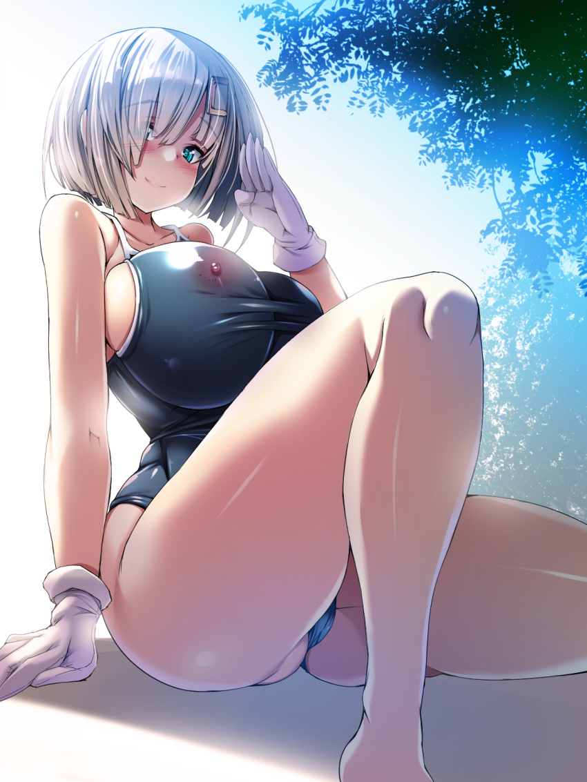 1girl areolae bare_legs black_legwear black_swimsuit blue_eyes breasts closed_mouth commentary_request covered_nipples gloves grey_hair hamakaze_(kantai_collection) highres huge_breasts kantai_collection knee_up leaf one-piece_swimsuit salute school_swimsuit shiny shiny_skin sitting smile solo swimsuit taut_clothes taut_swimsuit torisan white_gloves