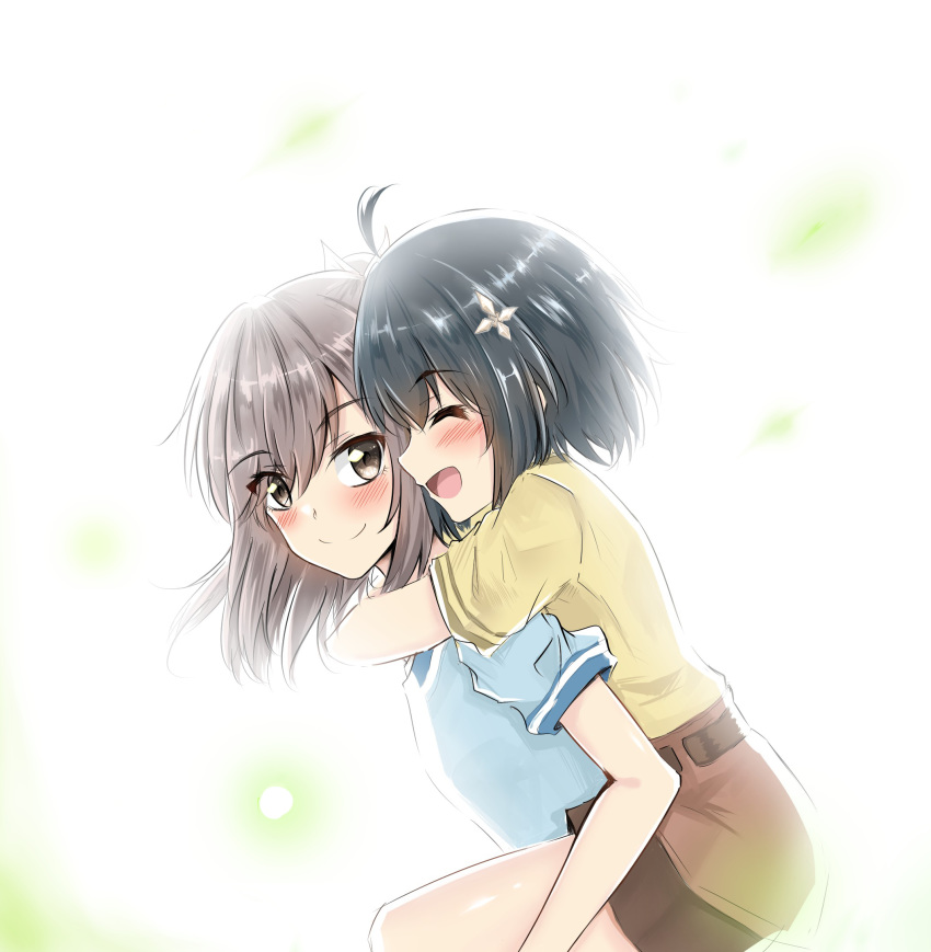 2girls ain_(17446767) blush breasts brown_hair carrying highres honjou_kaede itai_no_wa_iya_nano_de_bougyoryoku_ni_kyokufuri_shitai_to_omoimasu long_hair multiple_girls open_mouth piggyback shiramine_risa short_hair skirt smile