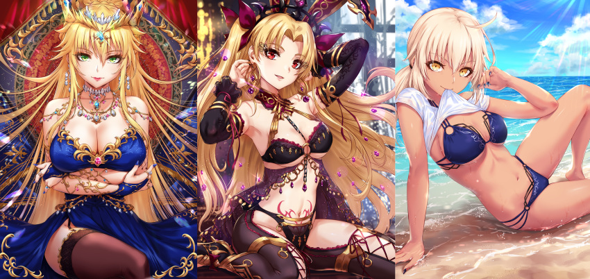 artoria_pendragon_(all) artoria_pendragon_(lancer) bikini blonde_hair breasts chain cleavage crown dress ereshkigal_(fate/grand_order) fate/grand_order fate_(series) garter green_eyes long_hair navel necklace red_eyes ribbons saber sakiyamama shirt_lift stockings swimsuit wristwear yellow_eyes