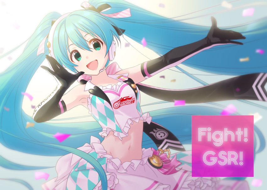 1girl :d annindoufu_(oicon) aqua_eyes aqua_hair argyle armpits arms_up bare_shoulders breasts commentary_request confetti crop_top elbow_gloves frilled_shirt frills gloves goodsmile_racing hair_ribbon hatsune_miku headphones long_hair looking_at_viewer midriff navel open_mouth outstretched_arm racing_miku racing_miku_(2019) ribbon shirt skirt sleeveless sleeveless_shirt small_breasts smile solo stomach twintails upper_body very_long_hair vocaloid white_skirt