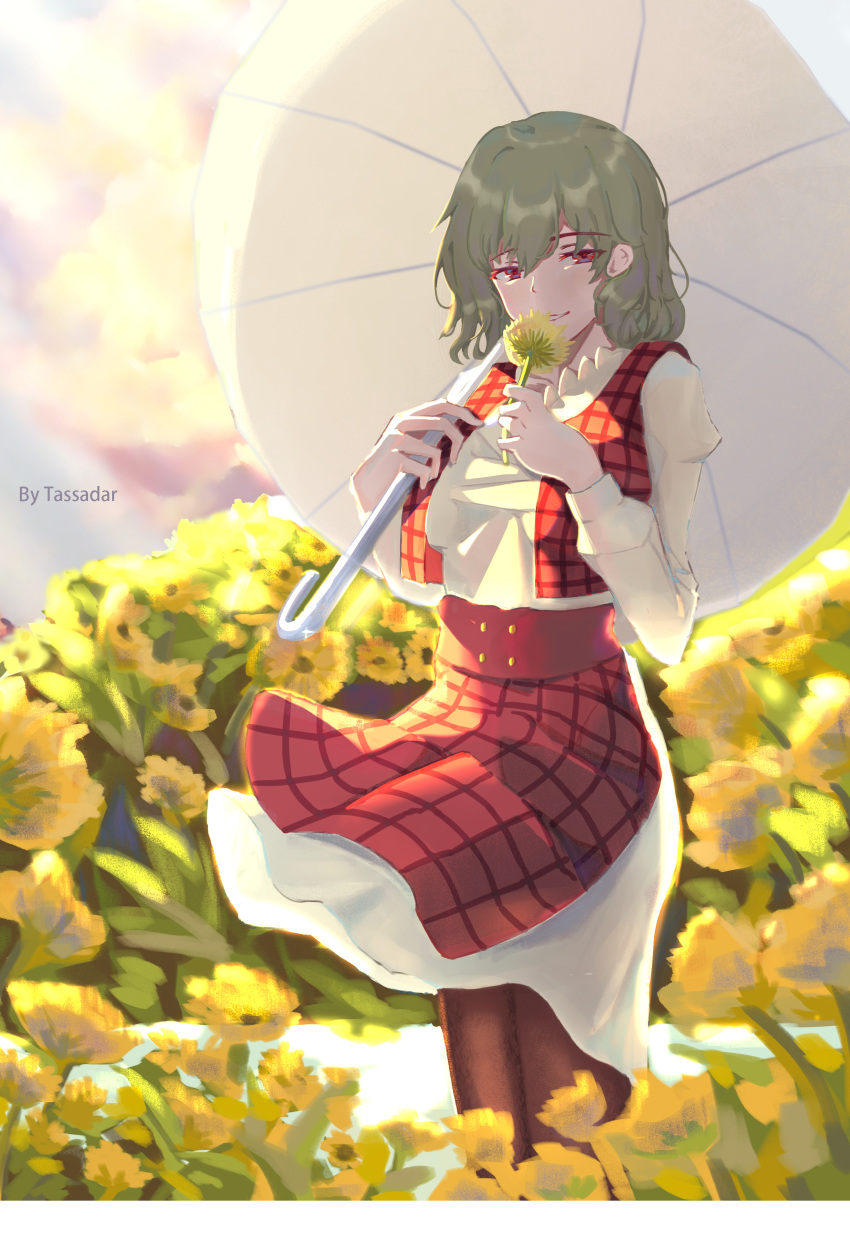 1girl absurdres adapted_costume artist_name backlighting blush brown_legwear cloud colored_eyelashes cowboy_shot day dress eyebrows_visible_through_hair eyes_visible_through_hair field flower flower_field flower_to_mouth green_hair highres holding holding_flower holding_umbrella kazami_yuuka light_rays long_sleeves looking_at_viewer open_clothes open_vest parasol plaid plaid_skirt plaid_vest red_eyes red_pupils red_skirt red_vest reflective_eyes shiny shiny_hair side_slit sidelocks skirt skirt_lift smile solo sunbeam sunlight tadie_(innovation1998) touhou umbrella vest wavy_hair white_dress wind
