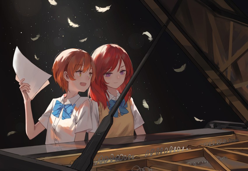 2girls arm_up bamboo_nima bangs blue_bow blue_neckwear bow bowtie brown_eyes character_request closed_mouth collar collared_shirt commentary_request dark_background eyebrows_visible_through_hair fang feathers hair_between_eyes highres holding holding_paper indoors instrument light looking_at_another looking_down love_live! medium_hair multiple_girls music neckwear open_mouth orange_hair paper piano pink_eyes playing playing_instrument playing_piano red_hair school_uniform shirt short_hair short_sleeves simple_background sitting smile uniform upper_body vest waistcoat white_shirt