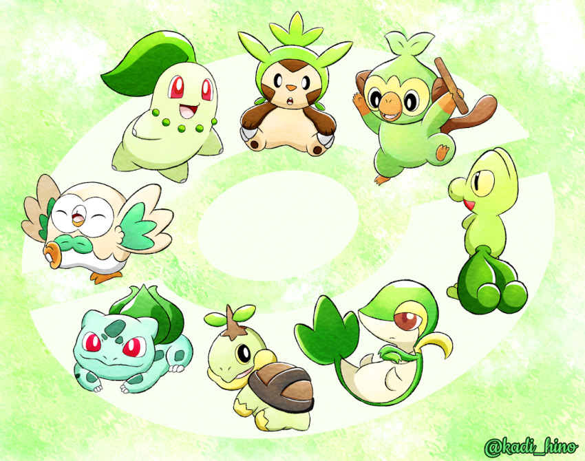 @kadi_hino ambiguous_gender avian beak black_eyes bulbasaur chespin chikorita claws crossed_arms green_background grookey holding_object leaf mammal markings nintendo open_mouth pok&eacute;mon pok&eacute;mon_(species) primate red_eyes reptile rowlet scalie shell simple_background snivy treecko turtwig video_games yellow_sclera