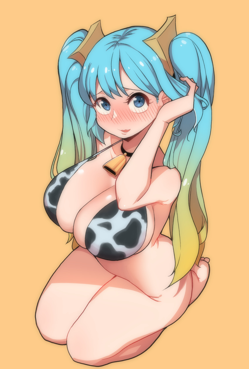 1girl absurdres alternate_costume animal_print aqua_hair bangs bell bell_collar bikini bikini_top blonde_hair blue_eyes blush bottomless breasts cleavage collar commentary_request cow_bell cow_print creeeen_jjang eyebrows_behind_hair from_above gradient gradient_hair hair_flip highres korean_commentary large_breasts league_of_legends long_hair looking_at_viewer multicolored_hair open_mouth print_bikini seiza simple_background sitting skindentation solo sona_buvelle swimsuit twintails two-tone_hair very_long_hair yellow_background yellow_eyes