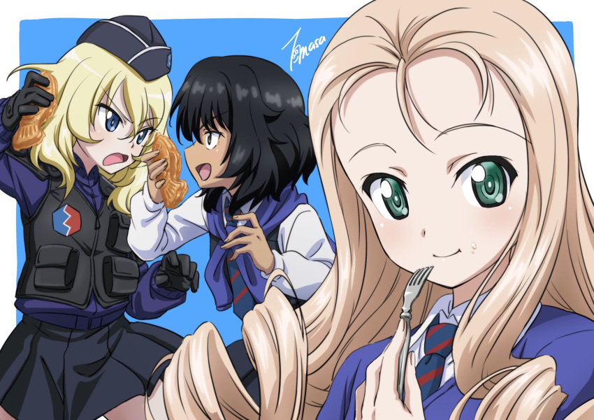 3girls andou_(girls_und_panzer) artist_name bc_freedom_school_uniform black_gloves black_headwear black_skirt black_vest blonde_hair blue_background blue_jacket blue_neckwear blue_sweater closed_mouth commentary_request diagonal_stripes dress_shirt drill_hair eating eyebrows_visible_through_hair food food_on_face fork frown garrison_cap girls_und_panzer gloves green_eyes hat highres holding holding_food holding_fork jacket katorifuta leaning_forward long_hair long_sleeves looking_at_another looking_at_viewer marie_(girls_und_panzer) miniskirt multiple_girls necktie open_mouth oshida_(girls_und_panzer) outside_border pleated_skirt red_neckwear school_uniform shirt signature skirt smile striped striped_neckwear sweater sweater_around_neck tactical_clothes taiyaki vest wagashi white_shirt wing_collar