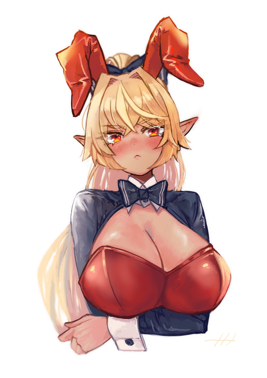 1girl ahoge animal_ears blonde_hair blue_neckwear blush bow bowtie breast_hold breasts bunny_ears bunnysuit cleavage closed_mouth crossed_arms dark_skin ear_blush elf embarrassed eyebrows_visible_through_hair fake_animal_ears hair_between_eyes highres hololive large_breasts long_hair looking_at_viewer naname_(7name) pointy_ears ponytail red_eyes shiranui_flare shrug_(clothing) simple_background sparkle upper_body virtual_youtuber white_background wrist_cuffs