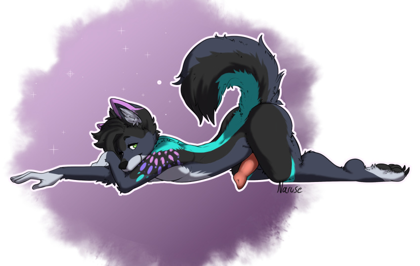 alpha_channel anthro big_butt big_feet butt canid canine claws coy exposed feet fluffy genitals hi_res male mammal narusewolf paws penis poofy pose shy solo suggestive suggestive_pose