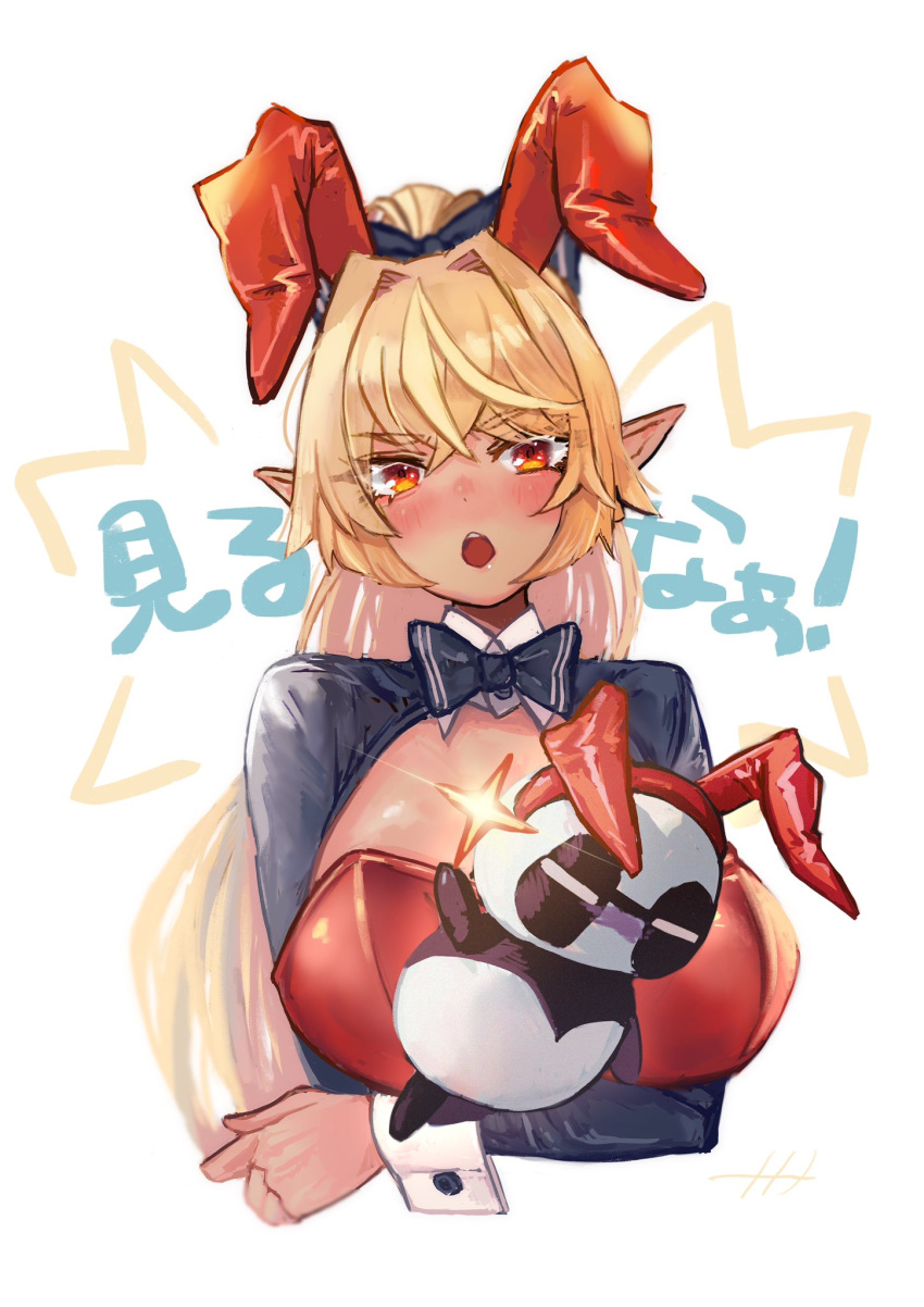 1girl ahoge animal_ears blonde_hair blue_neckwear blush bow bowtie breast_hold breasts bunny_ears bunnysuit crossed_arms dark_skin ear_blush elf embarrassed eyebrows_visible_through_hair fake_animal_ears familiar hair_between_eyes highres hololive kintsuba_(flare_channel) large_breasts long_hair looking_at_viewer naname_(7name) open_mouth panda pointy_ears ponytail red_eyes shiranui_flare shrug_(clothing) simple_background sparkle translated upper_body virtual_youtuber white_background wrist_cuffs