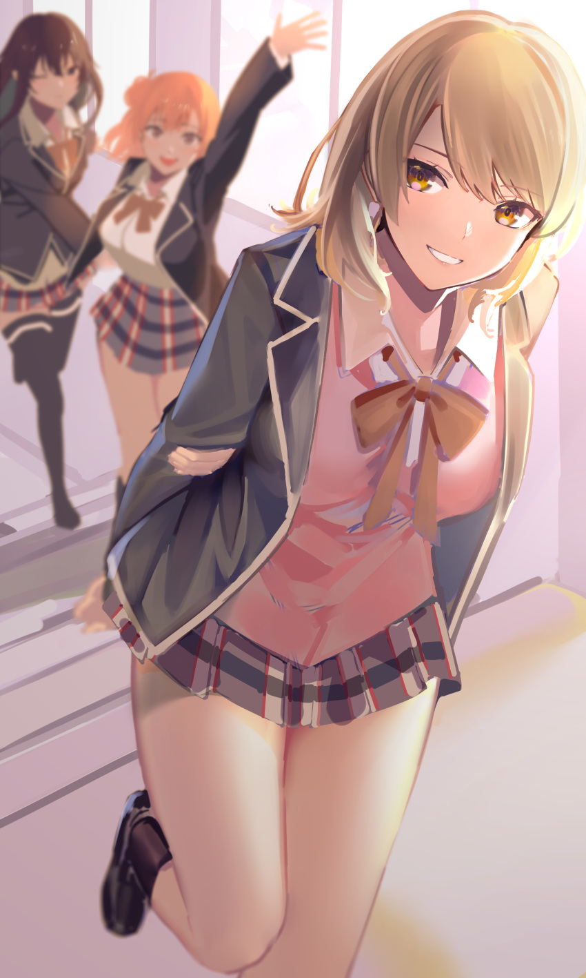 3girls absurdres arm_behind_back arm_up bangs black_hair blazer brown_eyes brown_hair cardigan hair_bun highres holding_another's_arm indoors isshiki_iroha jacket kujuu_shikuro long_hair looking_at_viewer multiple_girls one_eye_closed open_blazer open_clothes open_jacket orange_hair pink_cardigan plaid plaid_skirt pov red_neckwear school school_uniform side_bun skirt smile stairs thighhighs waving window yahari_ore_no_seishun_lovecome_wa_machigatteiru. yuigahama_yui yukinoshita_yukino