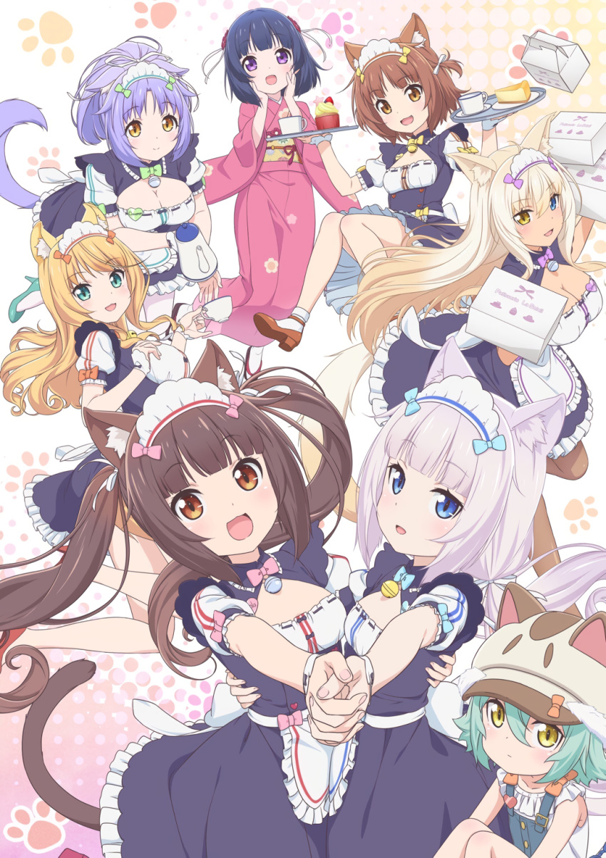 6+girls animal_ears apron azuki_(nekopara) black_hair blonde_hair blue_eyes box breasts brown_eyes brown_footwear cacao_(nekopara) cat_ears cat_tail cheesecake chocola_(nekopara) cinnamon_(nekopara) cleavage coconut_(nekopara) cup cupcake eyebrows_visible_through_hair floral_print food furisode green_hair hair_flaps hair_ornament hand_on_another's_waist hands_on_own_cheeks hands_on_own_face hat heterochromia high_heels highres holding holding_box holding_cup holding_hands holding_teapot holding_tray japanese_clothes kimono large_breasts lavender_hair long_hair long_sleeves looking_at_viewer maid maid_apron maid_headdress maple_(nekopara) minazuki_shigure multiple_girls nekopara official_art open_mouth orange_eyes paw_background purple_eyes red_kimono short_hair short_sleeves smile strappy_heels tail tray twintails two_side_up vanilla_(nekopara) waist_apron wide_sleeves wrist_cuffs yellow_eyes