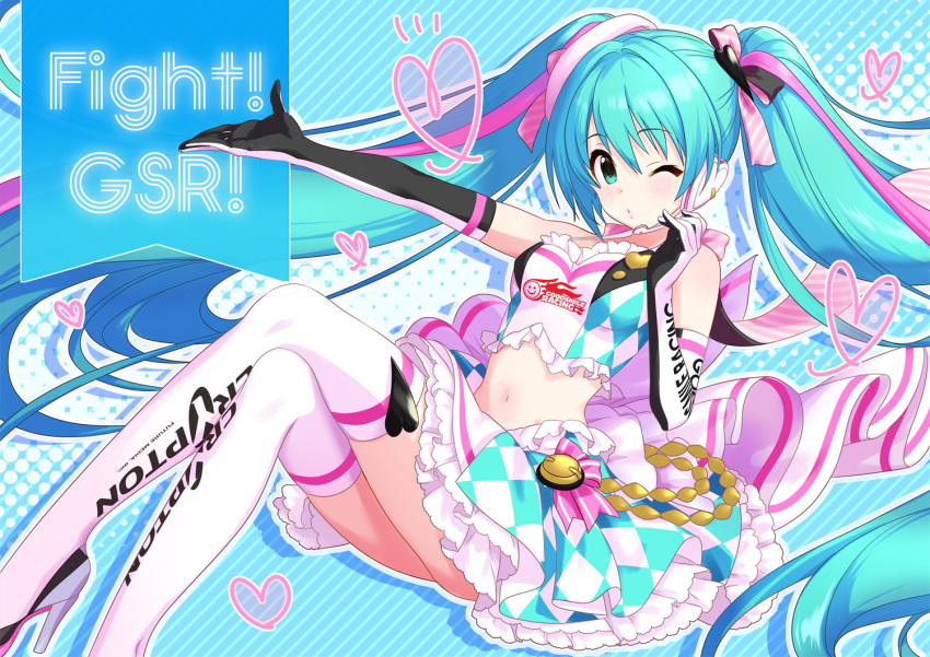 1girl annindoufu_(oicon) aqua_eyes aqua_hair argyle bare_shoulders boots breasts commentary_request crop_top crossed_legs elbow_gloves frilled_shirt frills gloves goodsmile_racing hair_ribbon hand_up hatsune_miku headphones high_heel_boots high_heels layered_skirt long_hair looking_at_viewer medium_breasts midriff miniskirt navel one_eye_closed outstretched_arm racing_miku racing_miku_(2019) ribbon shirt skirt sleeveless sleeveless_shirt solo thigh_boots thighhighs twintails very_long_hair vocaloid