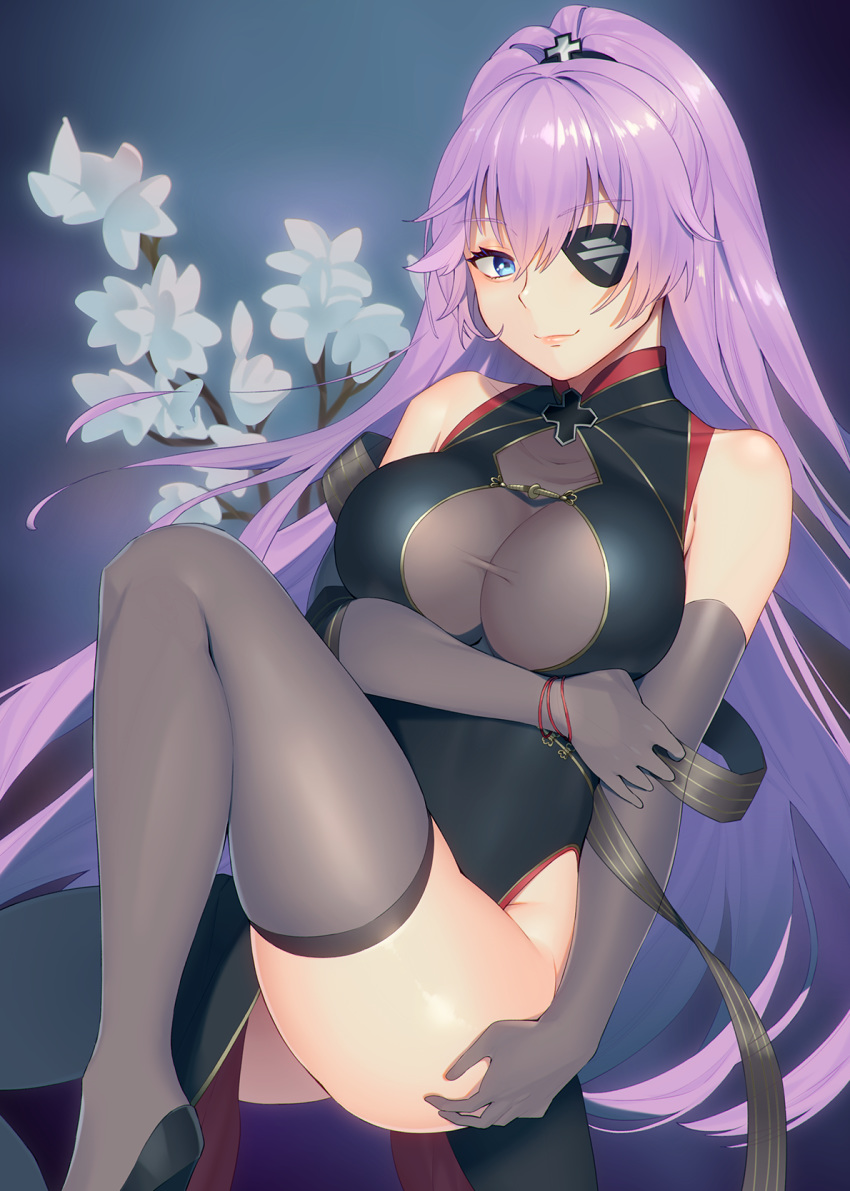 1girl alternate_costume alternate_hairstyle animal arm_up azur_lane black_dress black_footwear black_gloves black_legwear blue_background breasts china_dress chinese_clothes cleavage_cutout dress elbow_gloves eyebrows_visible_through_hair eyepatch flower gloves gradient gradient_background hair_ornament high_heels highres iron_cross large_breasts lips mimiko_(fuji_310) multicolored_hair one_side_up pelvic_curtain pink_hair ponytail scharnhorst_(azur_lane) scharnhorst_(panther_und_pflaume)_(azur_lane) solo streaked_hair thighhighs