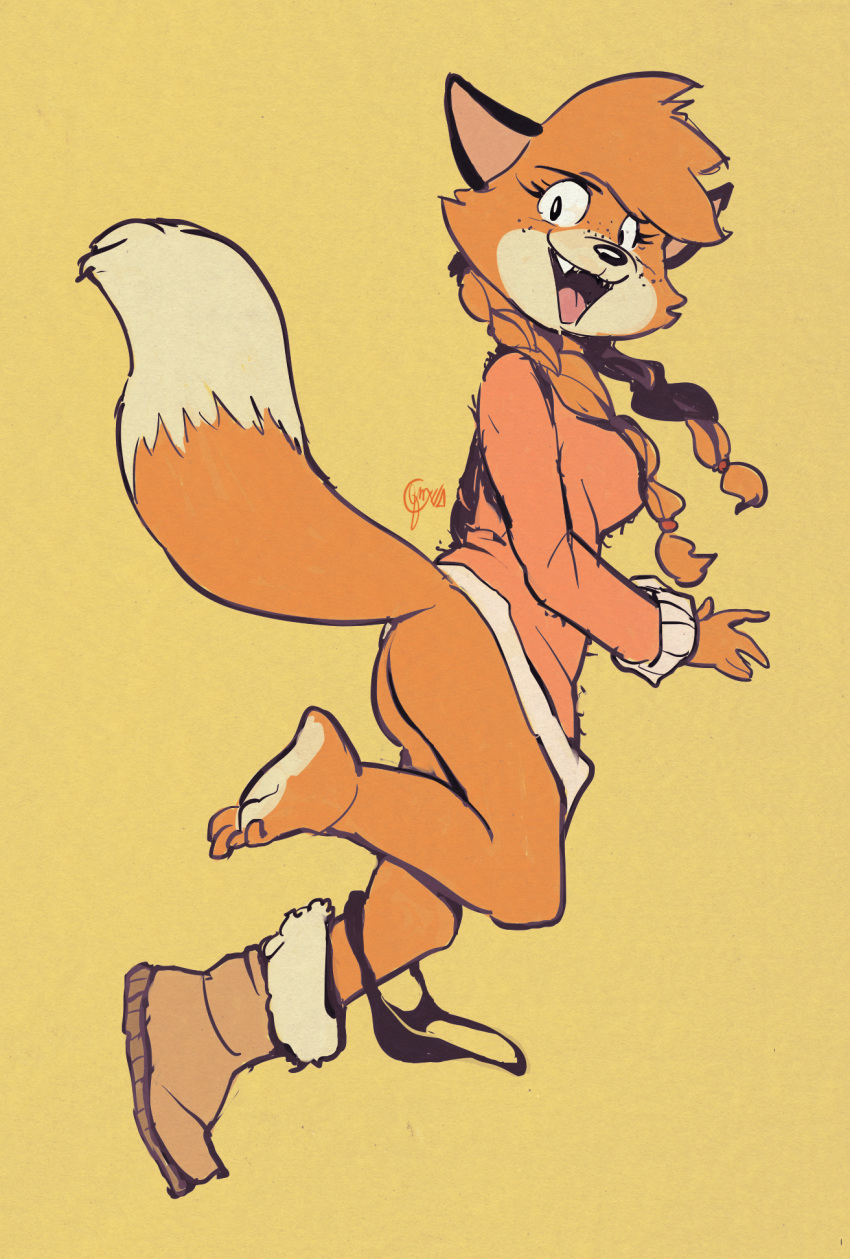 anthro black_nose boots bottomless breasts canid canine clothed clothing dipstick_tail edtropolis female footwear fox fur hair hi_res looking_back mammal multicolored_tail open_mouth orange_body orange_fur orange_hair panties panties_around_one_leg patty_foxy simple_background solo underwear underwear_around_one_leg yellow_background
