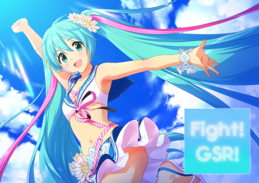 1girl :d annindoufu_(oicon) aqua_eyes aqua_hair arm_up armpits bare_shoulders bracelet breasts cloud commentary_request cowboy_shot crop_top day flower goodsmile_racing hair_flower hair_ornament hatsune_miku headphones jewelry layered_skirt leg_up long_hair looking_at_viewer medium_breasts midriff miniskirt navel open_mouth outdoors outstretched_arm racing_miku sailor_collar sandals shirt skirt sky sleeveless sleeveless_shirt smile solo stomach sunlight twintails very_long_hair vocaloid white_flower white_shirt