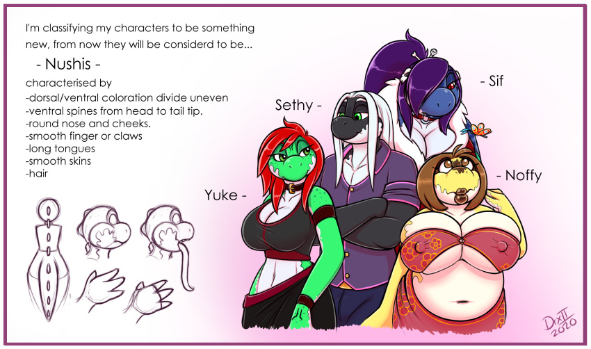 anthro big_breasts border breasts cleavage clothed clothing collar digital_media_(artwork) drxii english_text female group hair hi_res huge_breasts humanoid male midriff navel nipple_outline noffy non-mammal_breasts nushi pacifica reptile scalie sethy simple_background skimpy smile text white_border yuke