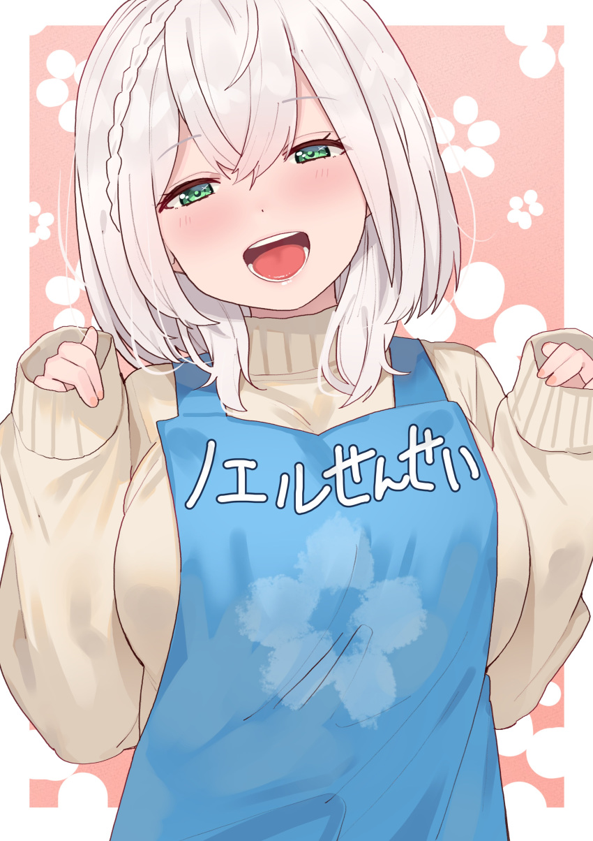 1girl absurdres apron blue_apron blush braid breasts brown_sweater eyebrows_visible_through_hair green_eyes highres hololive large_breasts long_sleeves looking_at_viewer open_mouth shirogane_noel short_hair sleeves_past_wrists smile solo sweater teeth tonari_no_kai_keruberosu tongue translation_request virtual_youtuber white_hair