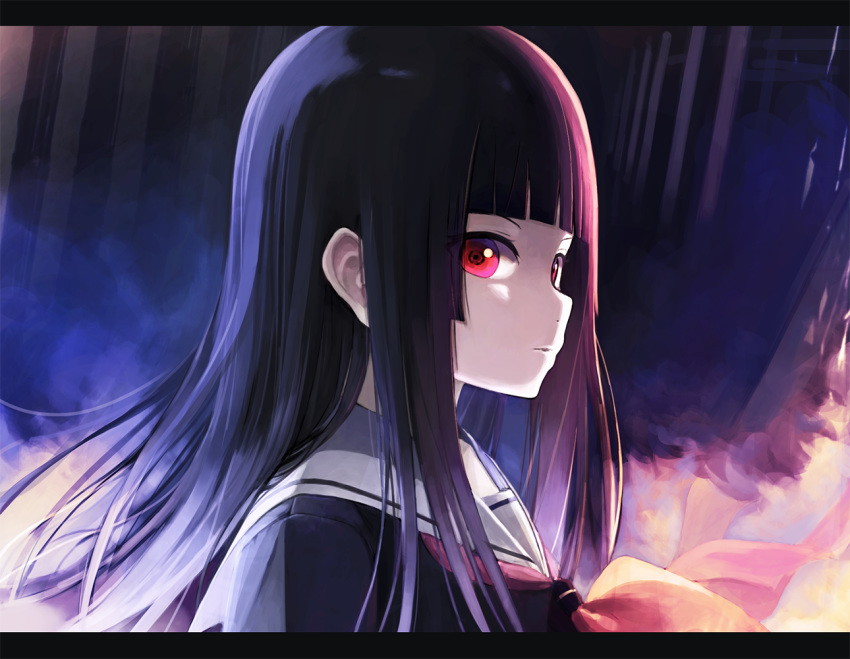 1girl bangs black_hair blunt_bangs closed_mouth enma_ai jigoku_shoujo letterboxed long_hair looking_at_viewer red_eyes satou_(3366_s) school_uniform serafuku sidelocks solo