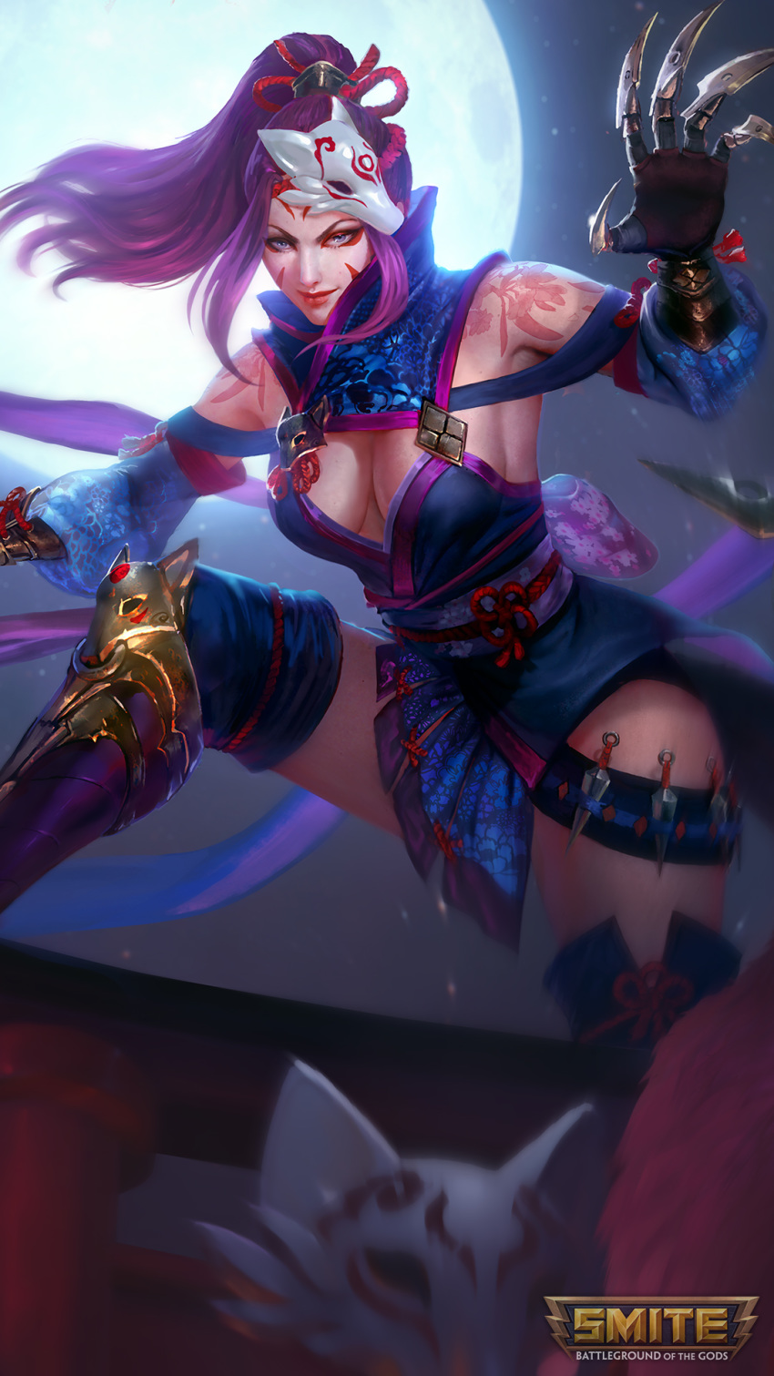 breasts chinese_mythology claw_(weapon) cleavage da_ji_(smite) fox_tail goddess highres holding holding_weapon jewelry large_breasts long_hair looking_at_viewer purple_hair smite tail weapon