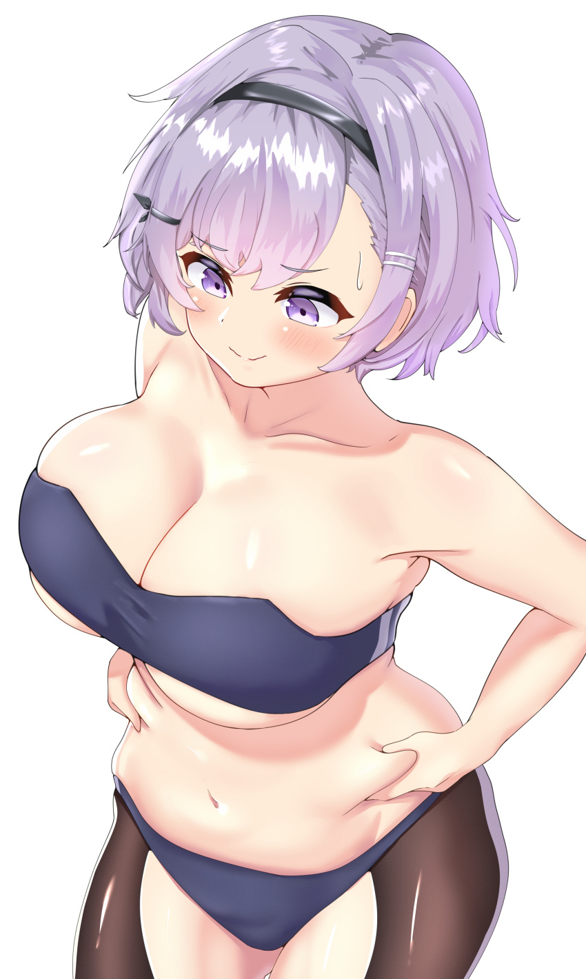 1girl absurdres ass azur_lane bandeau bangs belly belly_grab black_bra black_hairband black_legwear black_panties blush bra breasts collarbone crotchless crotchless_pantyhose curvy eyelashes from_above groin hairband highres large_breasts lavender_eyes lavender_hair looking_down multiple_views navel panties pantyhose parted_hair plump reno_(azur_lane) solo strapless trembling tubetop underboob underwear underwear_only ushimittsu weighing_scale weight_conscious weight_gain