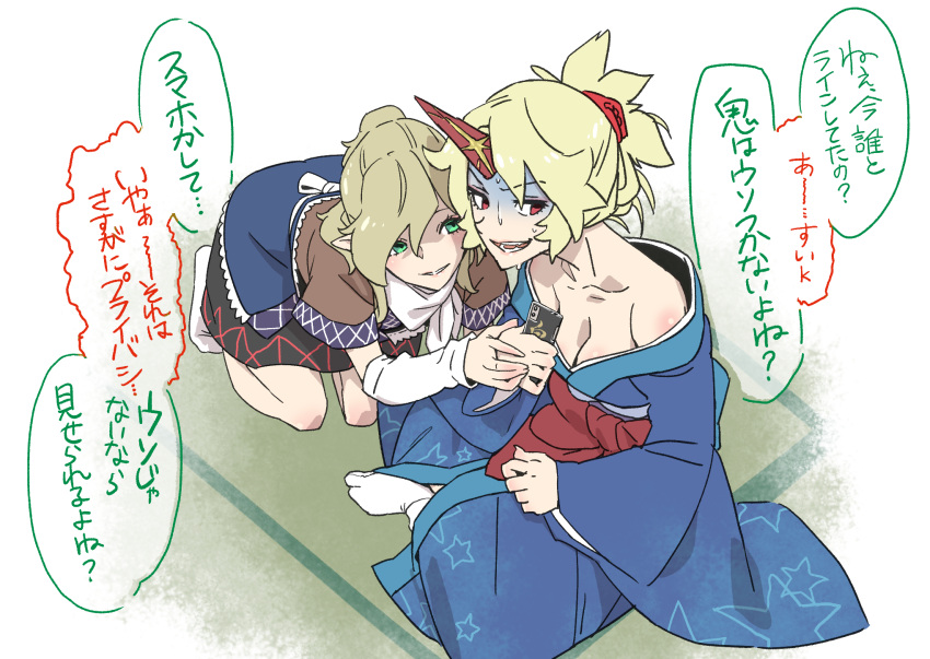 2girls :d bangs bare_shoulders black_skirt blonde_hair blue_kimono blush breasts brown_shirt cleavage eyebrows_visible_through_hair green_eyes highres hoshiguma_yuugi hoshiguma_yuugi_(promo) indian_style japanese_clothes kawayabug kimono kneeling long_sleeves looking_at_viewer miniskirt mizuhashi_parsee multiple_girls off_shoulder open_mouth pale_face red_eyes shirt short_hair short_ponytail short_sleeves sitting skirt smile socks star star_print touhou translation_request white_background white_legwear wide_sleeves