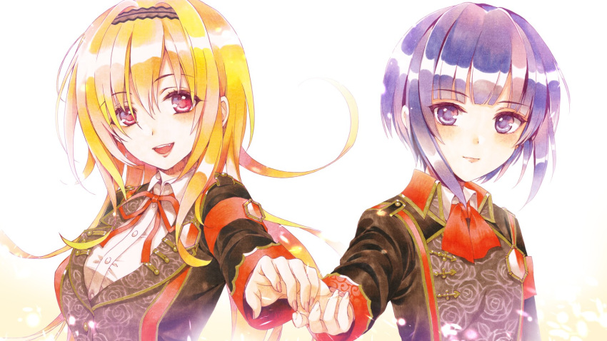 2girls alpha_(yukai_na_nakamatachi) blonde_hair blush breasts character_request closed_mouth collared_shirt eyebrows_visible_through_hair fang hairband highres holding_hands idolmaster large_breasts long_hair long_sleeves looking_at_viewer multiple_girls open_mouth pink_eyes purple_eyes purple_hair shirt short_hair smile upper_teeth white_shirt