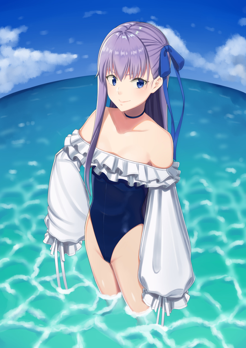 1girl absurdres bangs bare_shoulders blue_eyes blue_ribbon blue_sky blush breasts choker closed_mouth collarbone fate/grand_order fate_(series) fisheye frills hair_ribbon highleg highleg_swimsuit highres k-ya. long_hair long_sleeves looking_at_viewer meltryllis meltryllis_(swimsuit_lancer)_(fate) ocean off-shoulder_swimsuit one-piece_swimsuit puffy_sleeves purple_hair ribbon sky sleeves_past_fingers sleeves_past_wrists small_breasts smile solo swimsuit thighs very_long_hair wading water white_ribbon