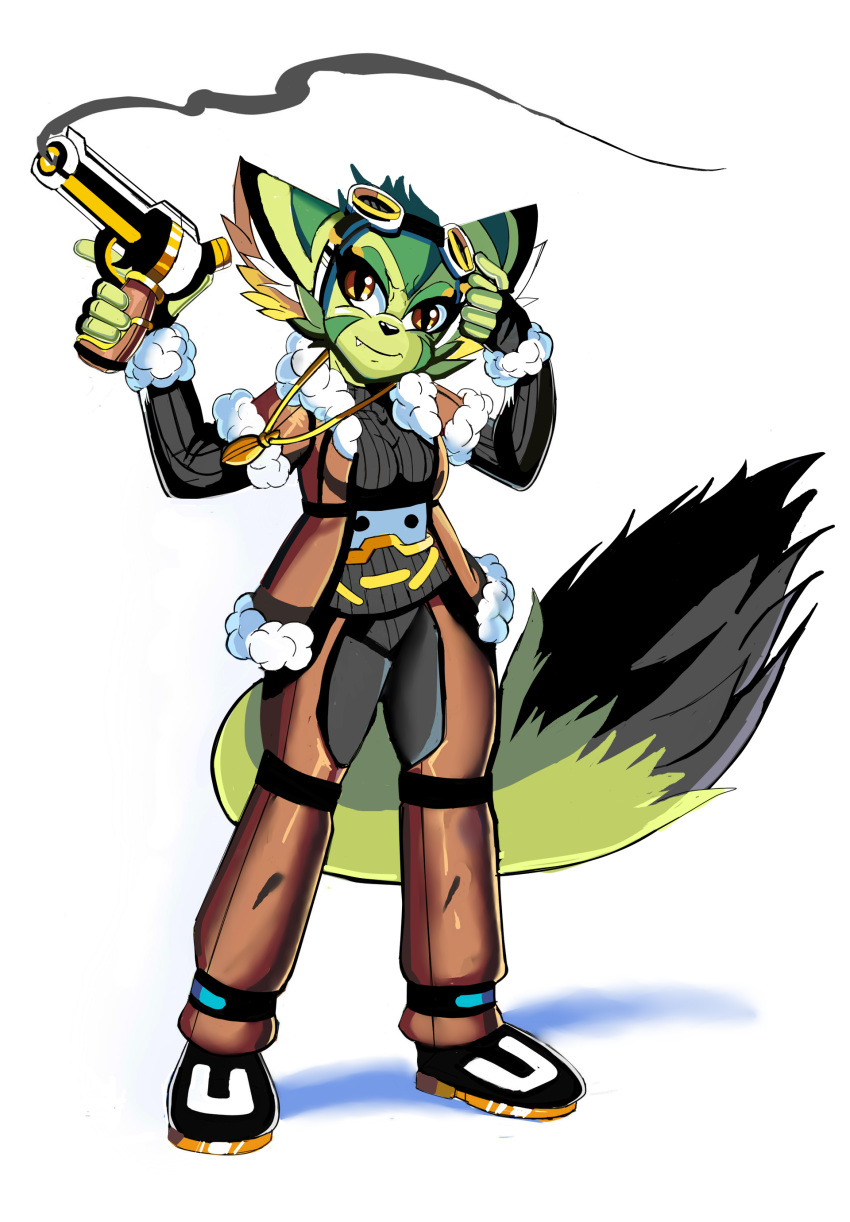 absurd_res anthro breasts clothed clothing corazon_tea dipstick_tail eyewear felid feline felis female fingerless_gloves freedom_planet_2 fur gamesgb gloves goggles green_body green_fur gun handwear hi_res holding_gun holding_object holding_weapon jewelry mammal multicolored_tail necklace ranged_weapon solo weapon wildcat yellow_eyes