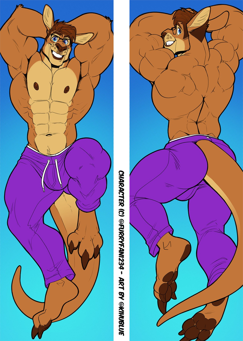 2020 abs anthro back_muscles biceps blue_eyes bottomwear brown_hair bulge butt clothed clothing dakimakura_design dangaroo eyewear glasses hair hi_res kangaroo kihu looking_back macropod male mammal marsupial muscular muscular_male navel nipples pants pecs rear_view smile solo sweatpants topless