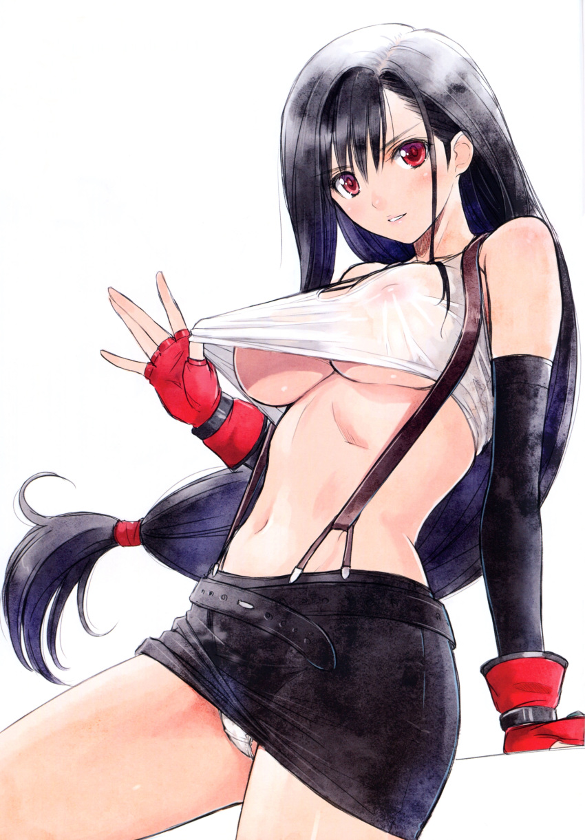 1girl absurdres arm_support bangs bare_shoulders belt black_hair black_skirt blush breasts covered_nipples eyebrows_visible_through_hair final_fantasy final_fantasy_vii fingerless_gloves gloves highres large_breasts long_hair looking_at_viewer low-tied_long_hair miniskirt panties parted_lips pencil_skirt pulled_by_self red_eyes red_gloves scan see-through shiny shiny_skin shirt shirt_pull simple_background skirt sleeveless solo suspenders tanaka_takayuki tank_top tied_hair tifa_lockhart underboob underwear white_background white_panties