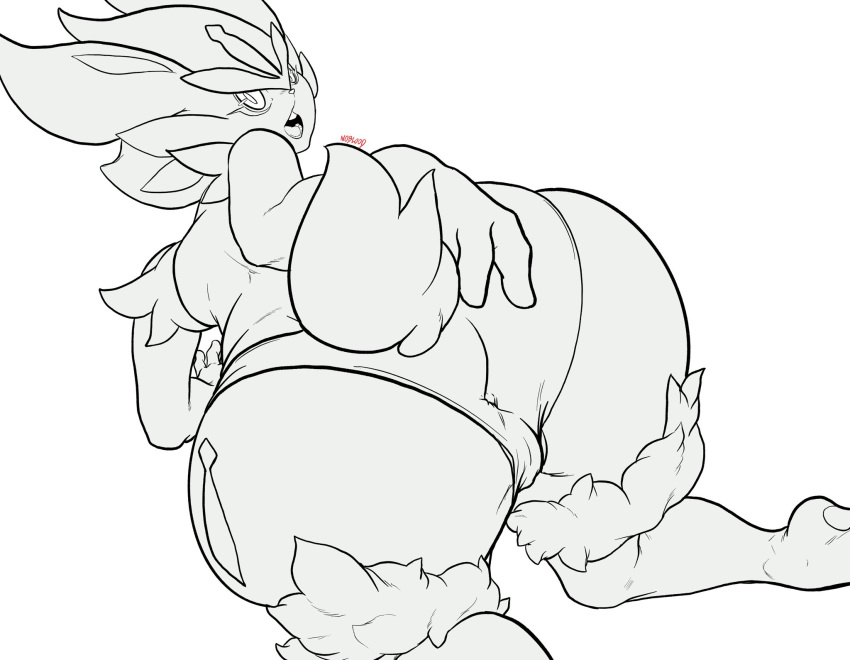 all_fours anthro anus_outline big_butt butt cinderace female hi_res holding_butt huge_butt looking_back nintendo noblood pok&eacute;mon pok&eacute;mon_(species) simple_background solo video_games white_background
