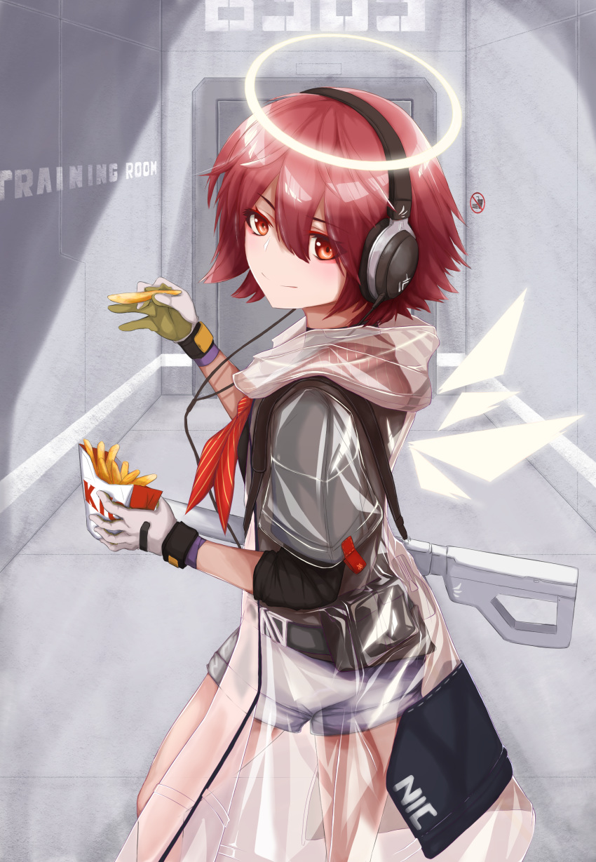 1girl absurdres alternate_costume arknights bangs commentary cowboy_shot ed_(ed_0094) exusiai_(arknights) food french_fries gloves grey_shirt hair_between_eyes halo hand_up headphones highres holding holding_food hood hooded_jacket indoors jacket kfc looking_at_viewer neckerchief red_eyes red_hair red_neckwear see-through shirt short_hair short_shorts short_sleeves shorts solo standing white_shorts