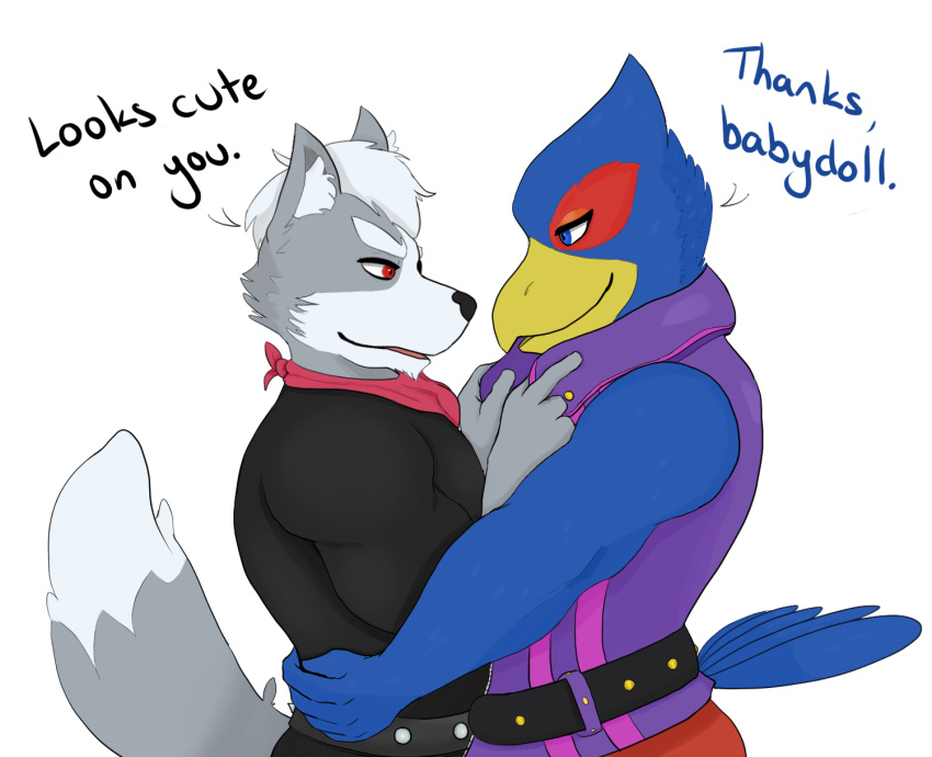 anthro avian blue_body blue_feathers canid canine canis clothing duo falco_lombardi feathers fur grey_body grey_fur hi_res male male/male mammal nintendo sharkmaps simple_background star_fox text video_games wolf wolf_o'donnell