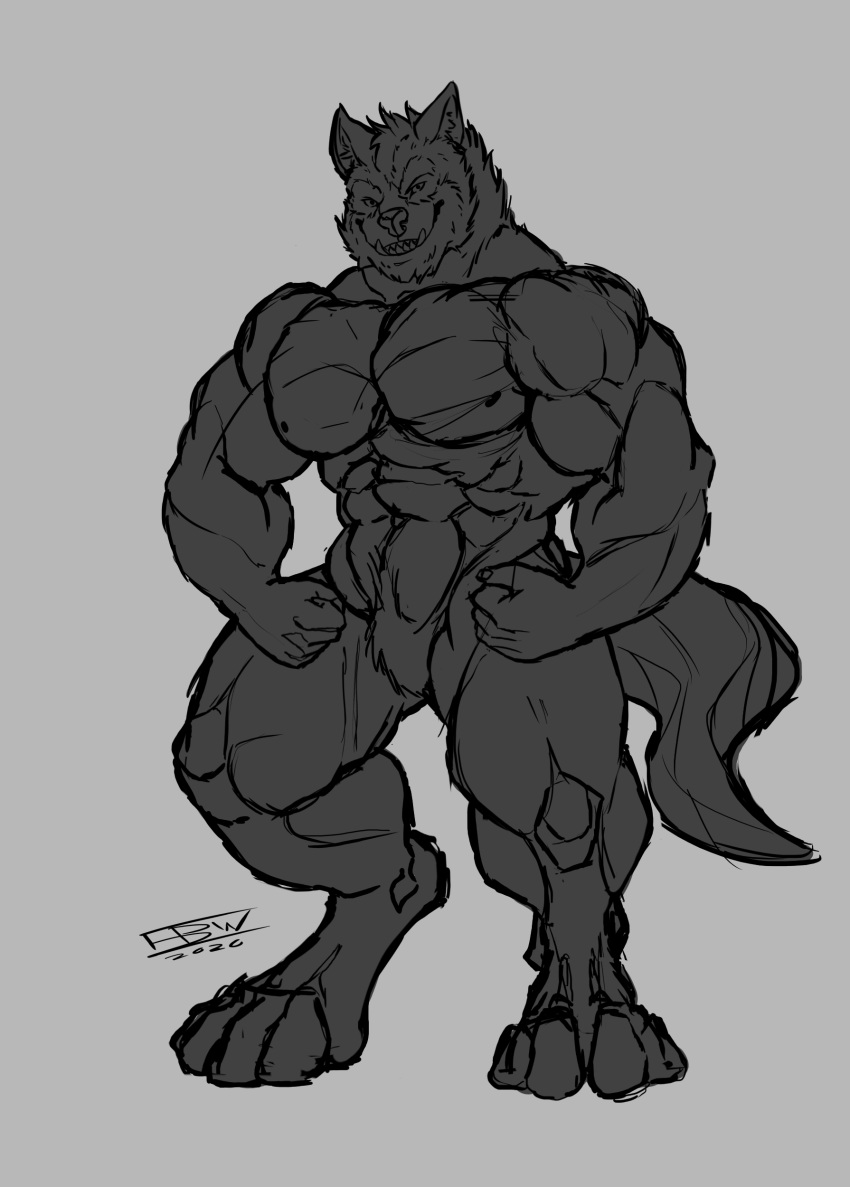 absurd_res anthro biceps big_muscles canid canine canis digitigrade fullbodywolf grey_background hi_res huge_muscles hyper hyper_muscles male mammal monochrome muscular pecs pose simple_background sketch smile smirk solo were werecanid werecanine werewolf wolf