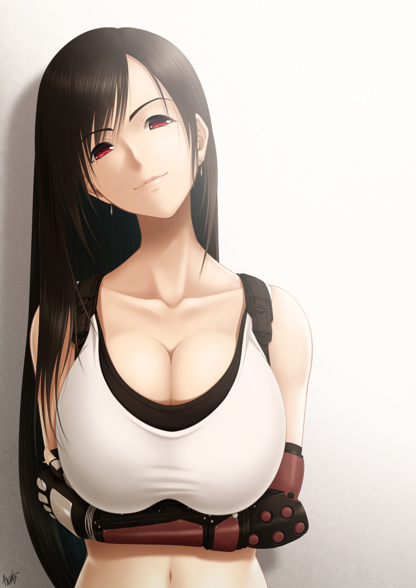 1girl absurdres arms_under_breasts bangs breasts brown_hair cleavage collarbone crop_top crossed_arms earrings final_fantasy final_fantasy_vii final_fantasy_vii_remake gloves gradient gradient_background highres jewelry large_breasts long_hair looking_at_viewer navel red_eyes signature smile smug solo suspenders tifa_lockhart two-tone_gloves upper_body very_long_hair yama-michi