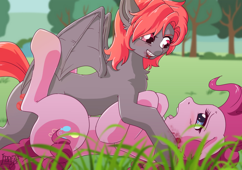 bat_pony blood bodily_fluids dark duo earth_pony equid equine female feral friendship_is_magic hi_res horse lorenzobrezo lying mammal my_little_pony on_back outside pinkie_pie_(mlp) pony predator_(disambiguation) prey_(disambiguation) tree